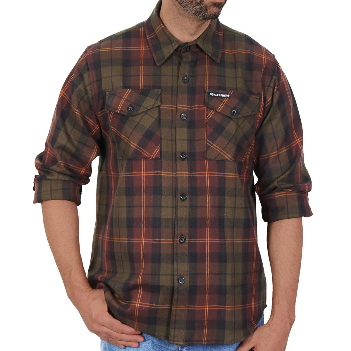 Hot Leathers FLM2040 Men's Green Orange and Brown Long Sleeve Flannel Shirt - Image 3