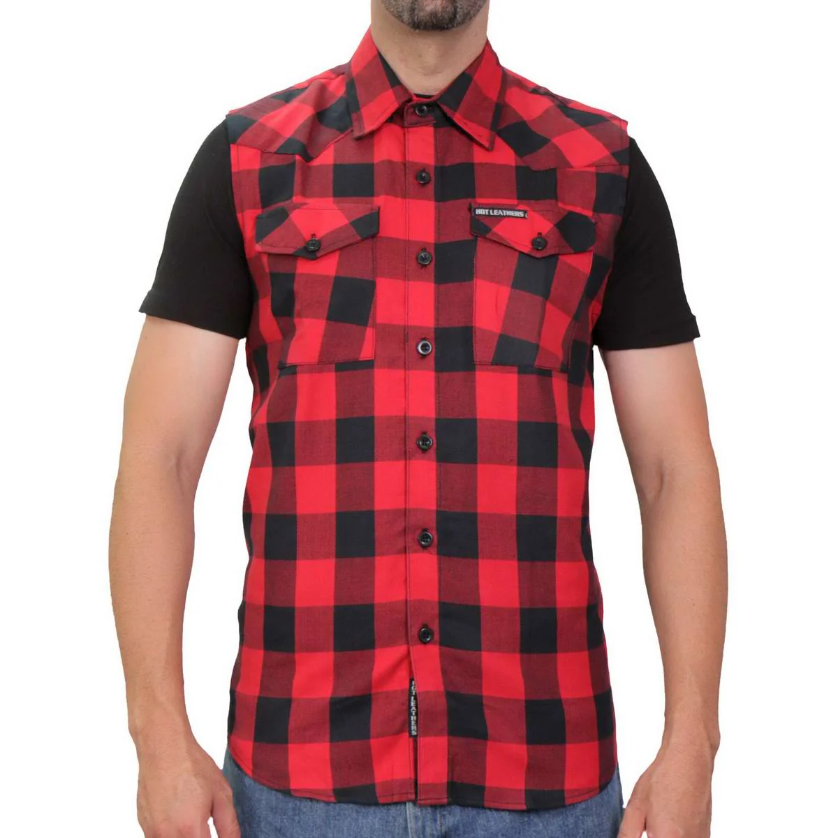 Hot Leathers FLM5001 Men’s Black and Red Sleeveless Cotton Flannel Shirt - Image 5