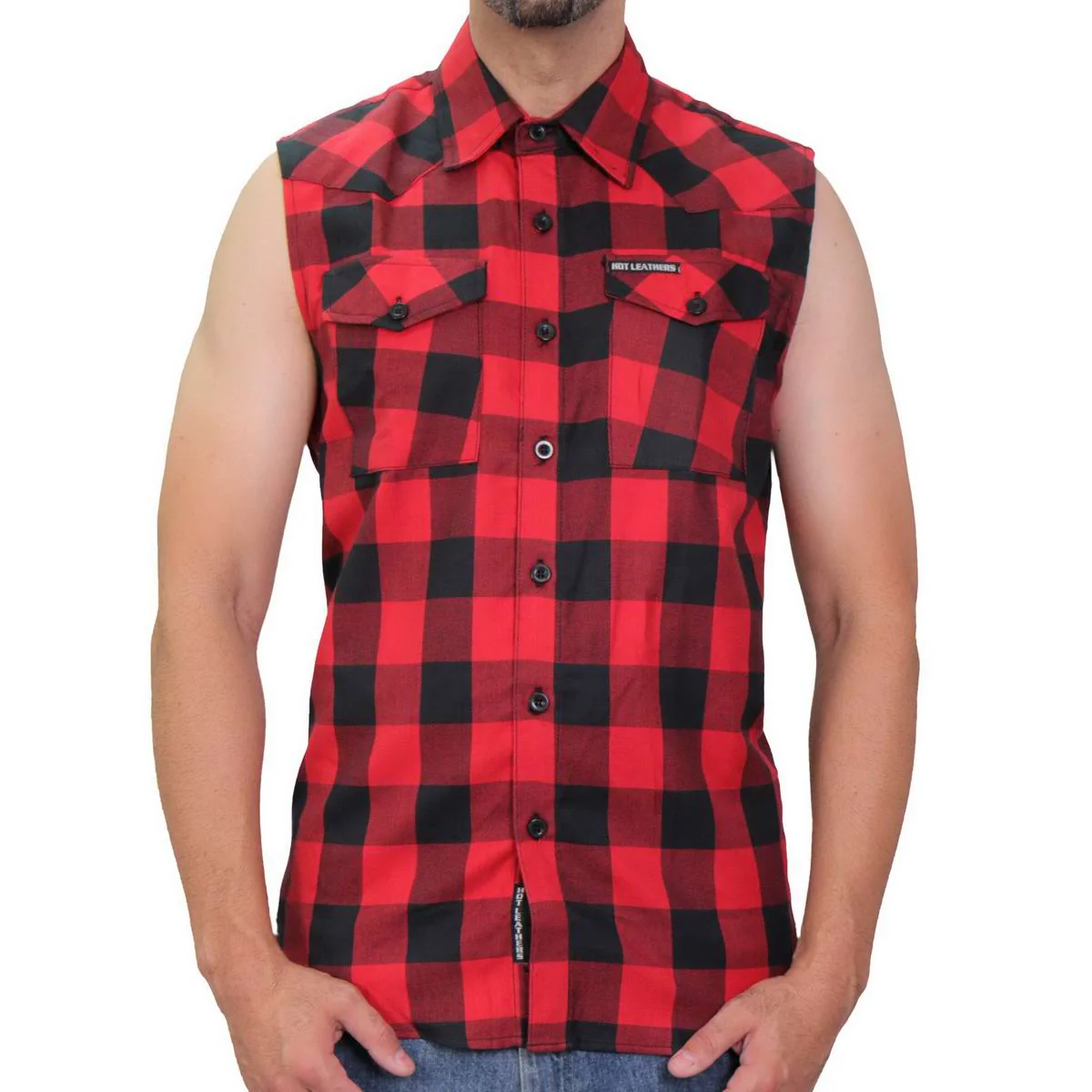Hot Leathers FLM5001 Men’s Black and Red Sleeveless Cotton Flannel Shirt - Image 6