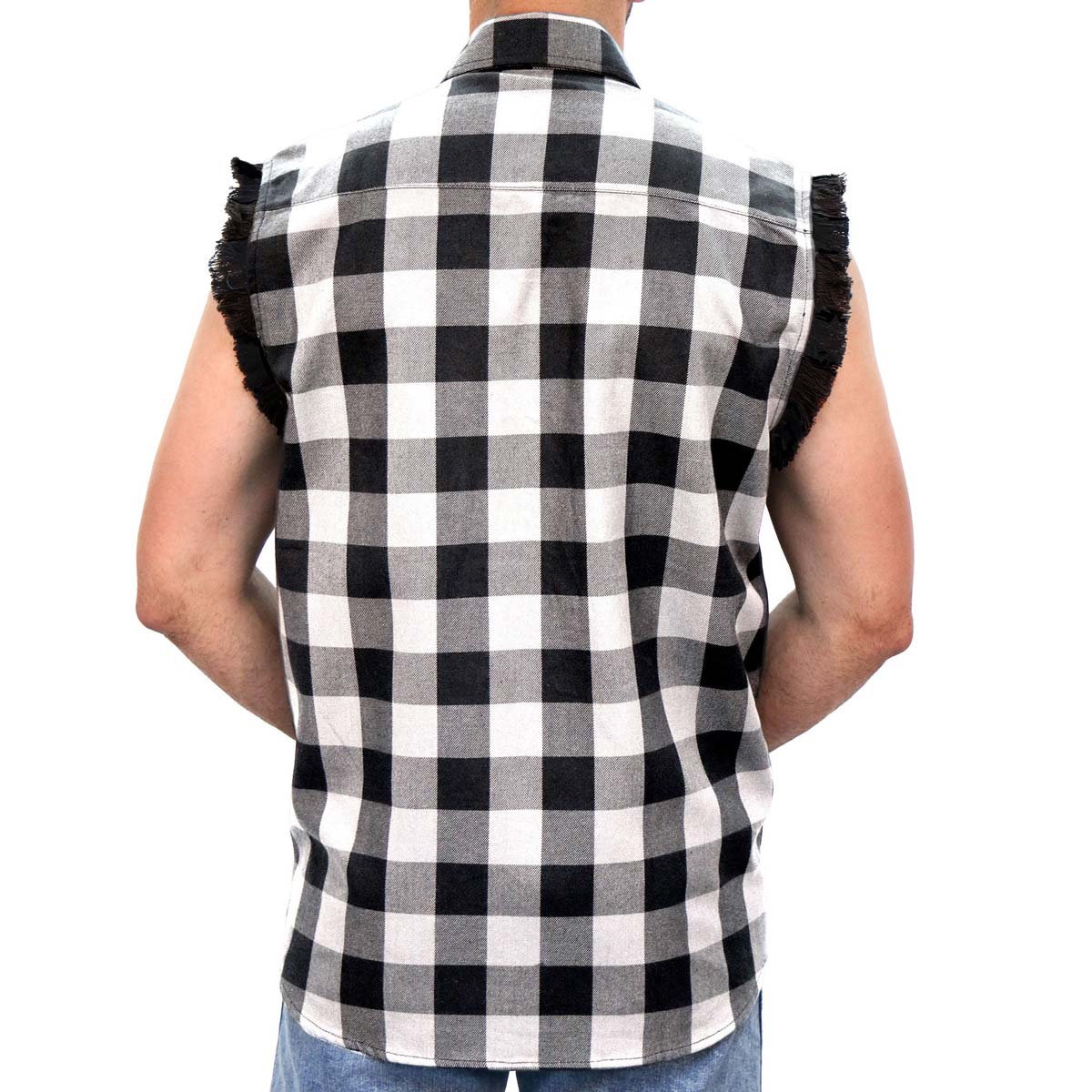 Hot Leathers FLM5202 Men's Black and White Sleeveless Flannel Fringe Shirt - Image 2