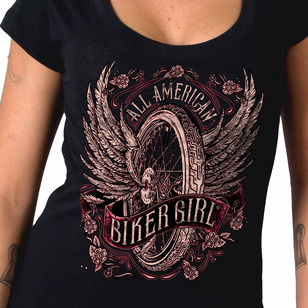 Hot Leathers GLC1518 Women's Black All American Biker Girl Scoop Neck Printed T-Shirt - Image 2