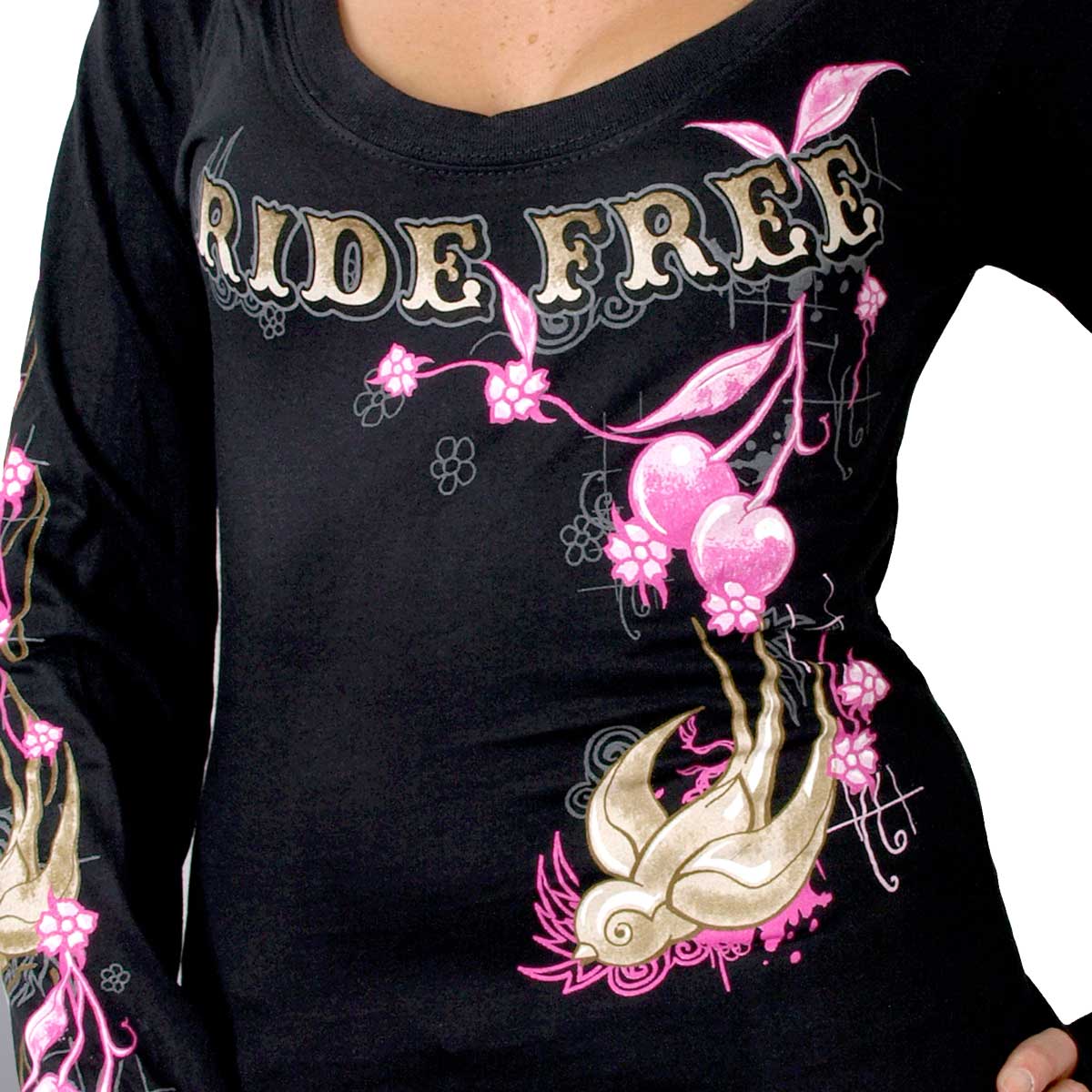 Hot Leathers GLC3131 Women's Cherries Scoop Neck Black Long Sleeve Shirt - Image 2
