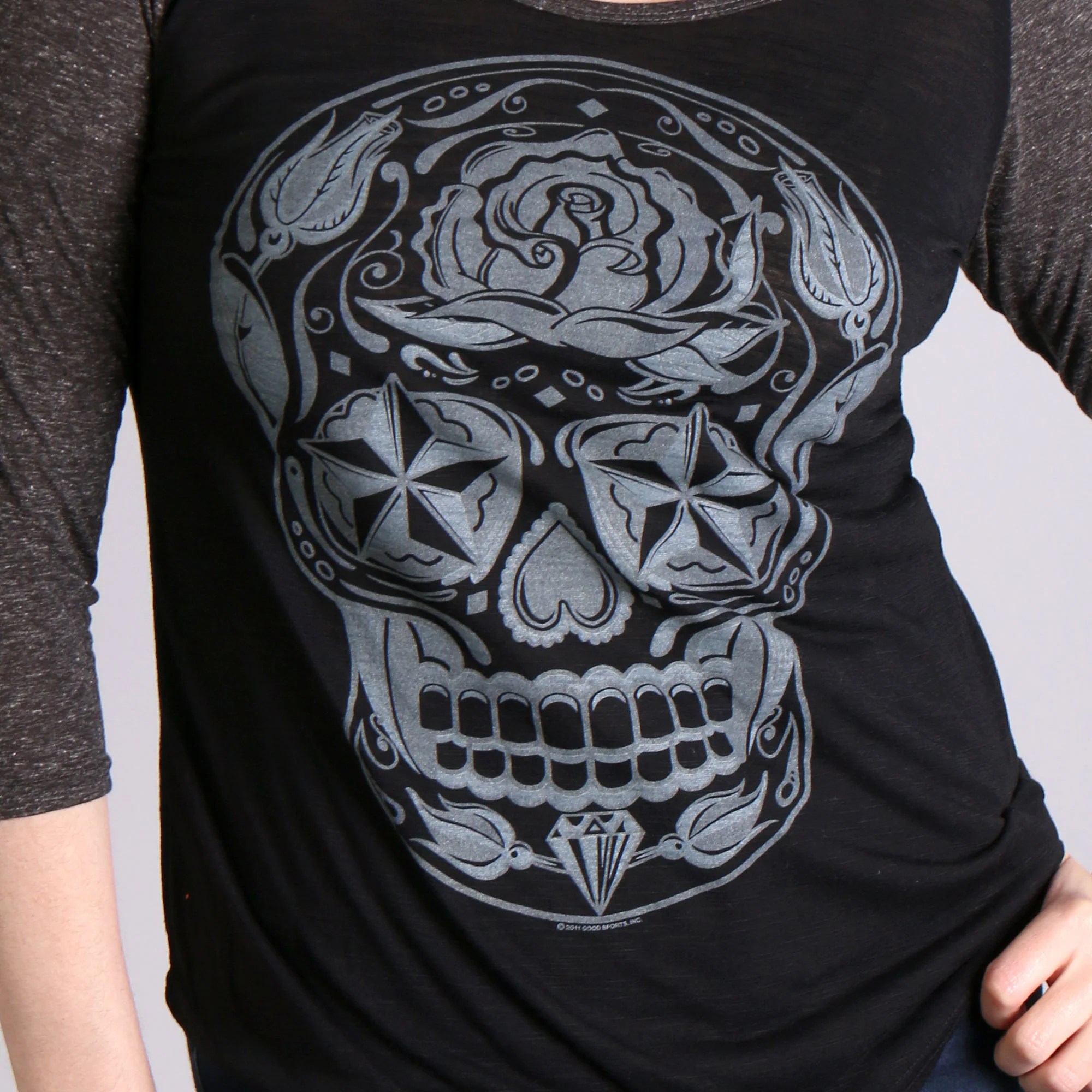 Hot Leathers GLC3352 Sugar Skull Black and Heather Grey 3/4 Sleeve Ladies Shirt - Image 2