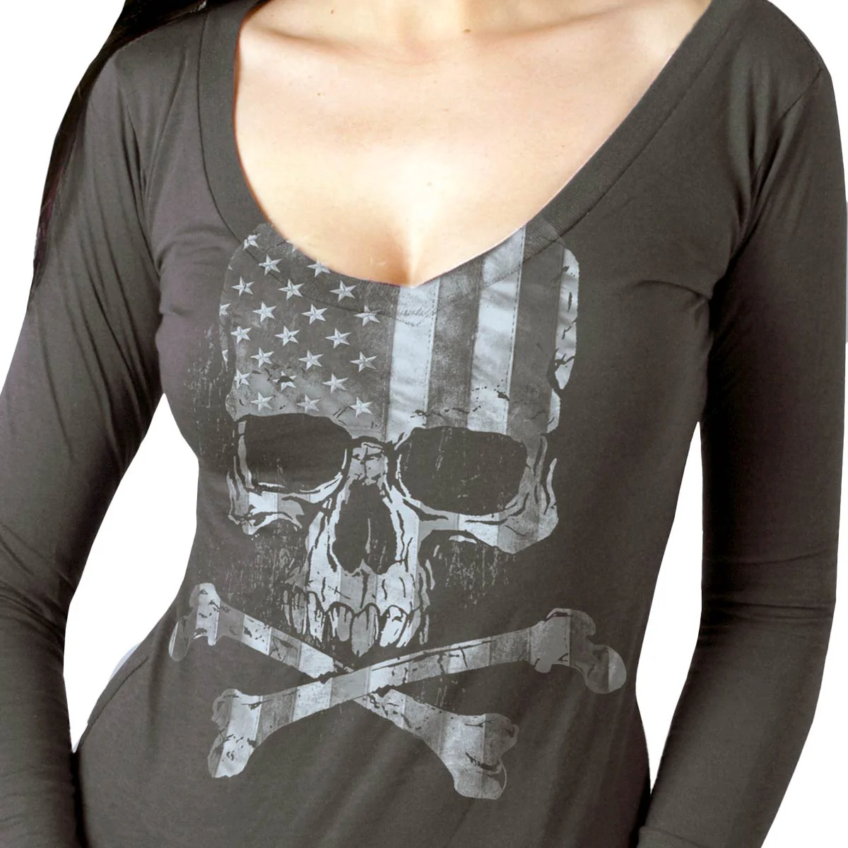 Hot Leathers GLC3495 Flag Skull Ladies Smoke Color Long Sleeve Shirt - Image 3