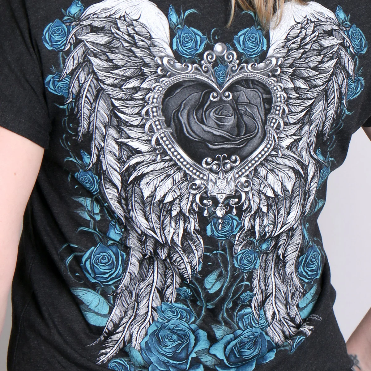 Hot Leathers GLD1345 'Angel Roses' Dolman Relax Fit Full Cut Ladies Vintage Black Tee - Image 3
