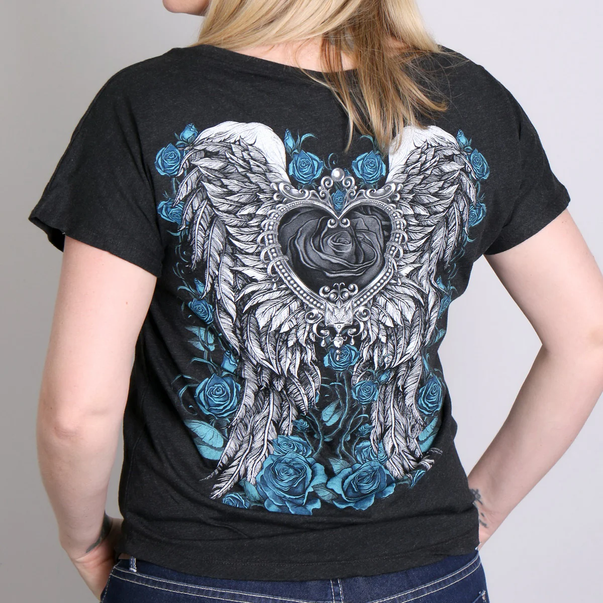 Hot Leathers GLD1345 'Angel Roses' Dolman Relax Fit Full Cut Ladies Vintage Black Tee - Image 4