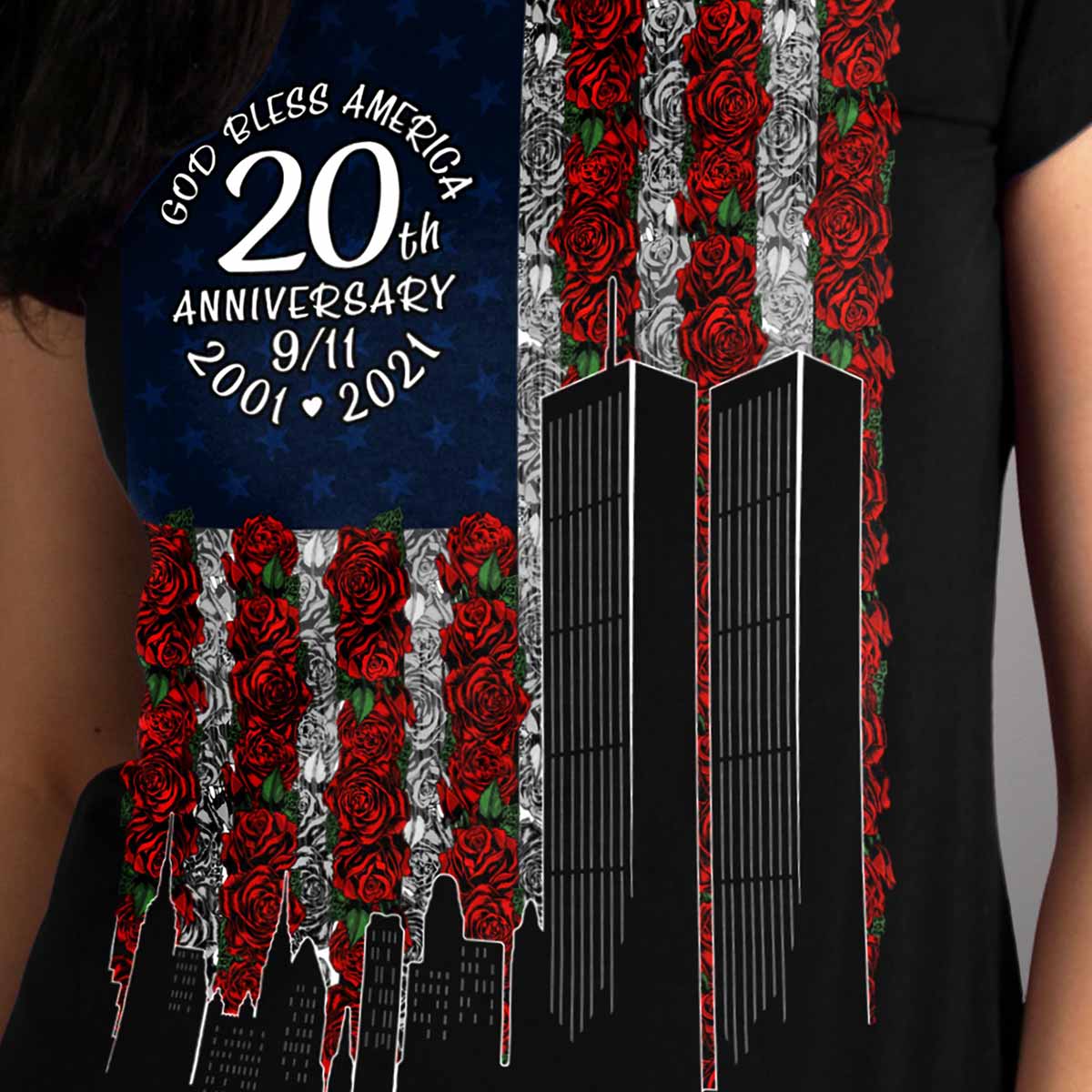 Hot Leathers GLR1350 Ladies Black '9-11 Roses and Flag' T-Shirt - Image 2
