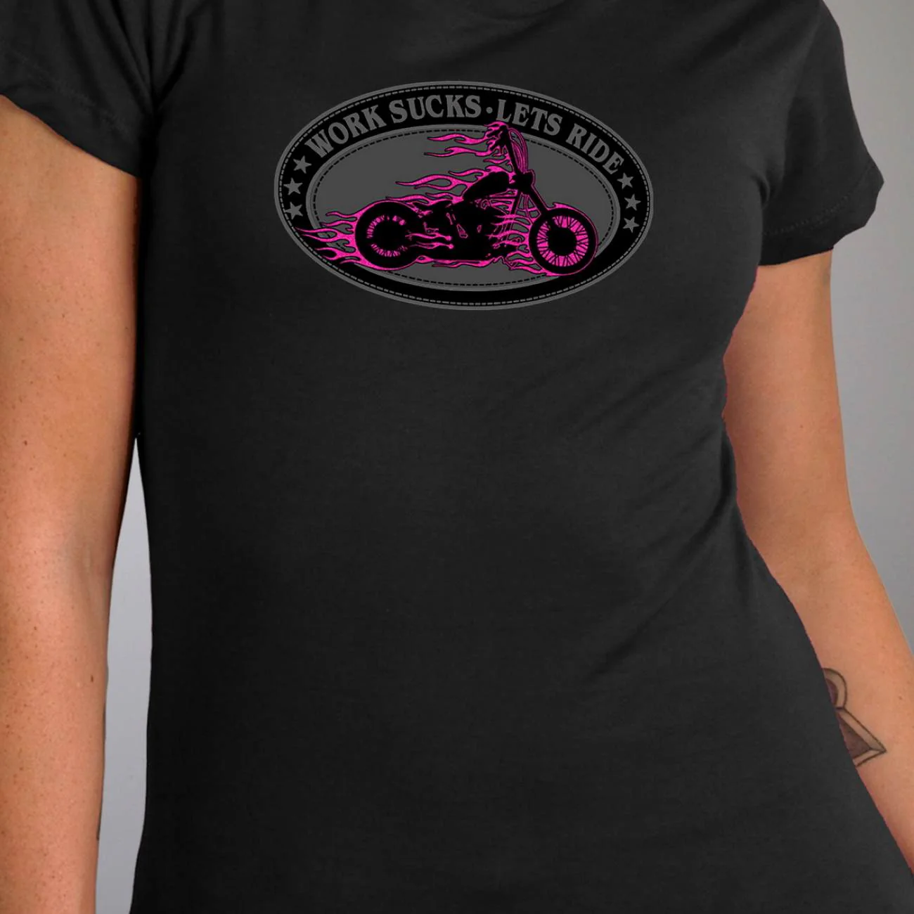 Hot Leathers GLR1499 'Work Sucks-Lets Ride Oval' Ladies Black T-Shirt - Image 2