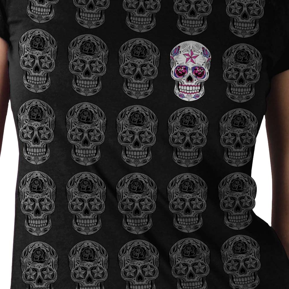 Hot Leathers GLR1519 Sugar Skull Pattern Ladies Full Cut Black T-Shirt - Image 2