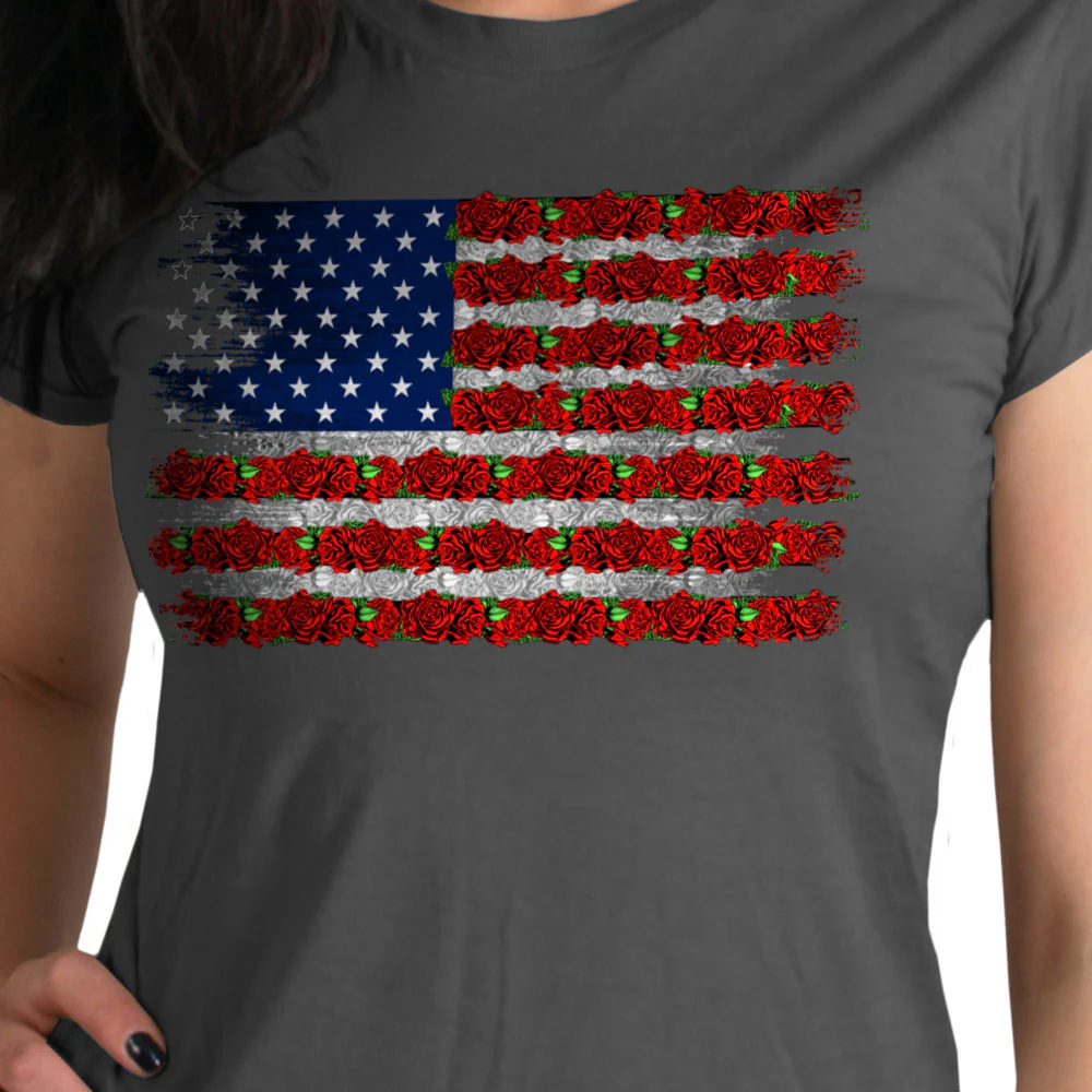 Hot Leathers GLR1567 Women's Charcoal Short Sleeve Flag Rose T-Shirt - Image 2
