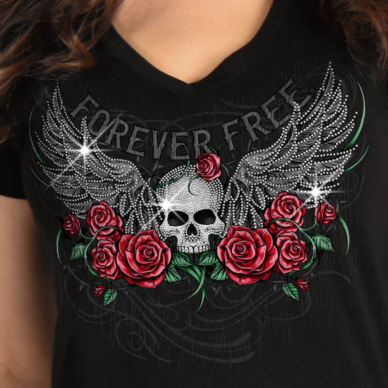 Hot Leathers GLR1575 Women's Black Short Sleeve Skull Wing Roses T-Shirt - Image 2