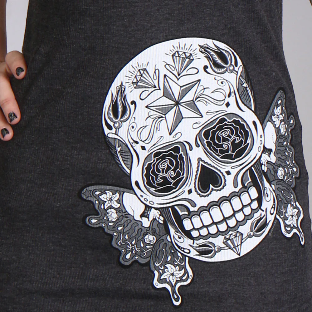 Hot Leathers GLR2388 'Butterfly Sugar Skull' Full Length Boy Beater Heather Charcoal Tank Top Shirt - Image 3