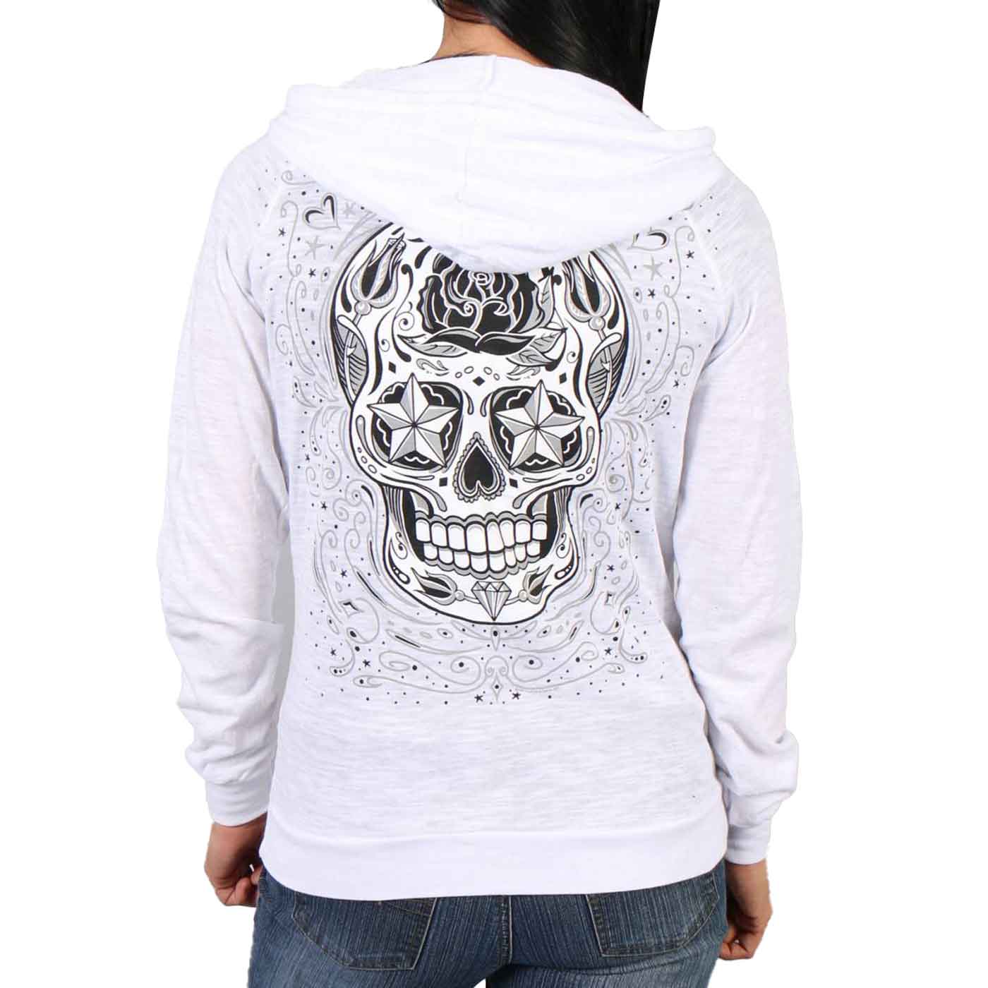 Hot Leathers GLZ4237 Ladies 'Sugar Skull' Lightweight Slubby Hooded White Hoodie - Image 2