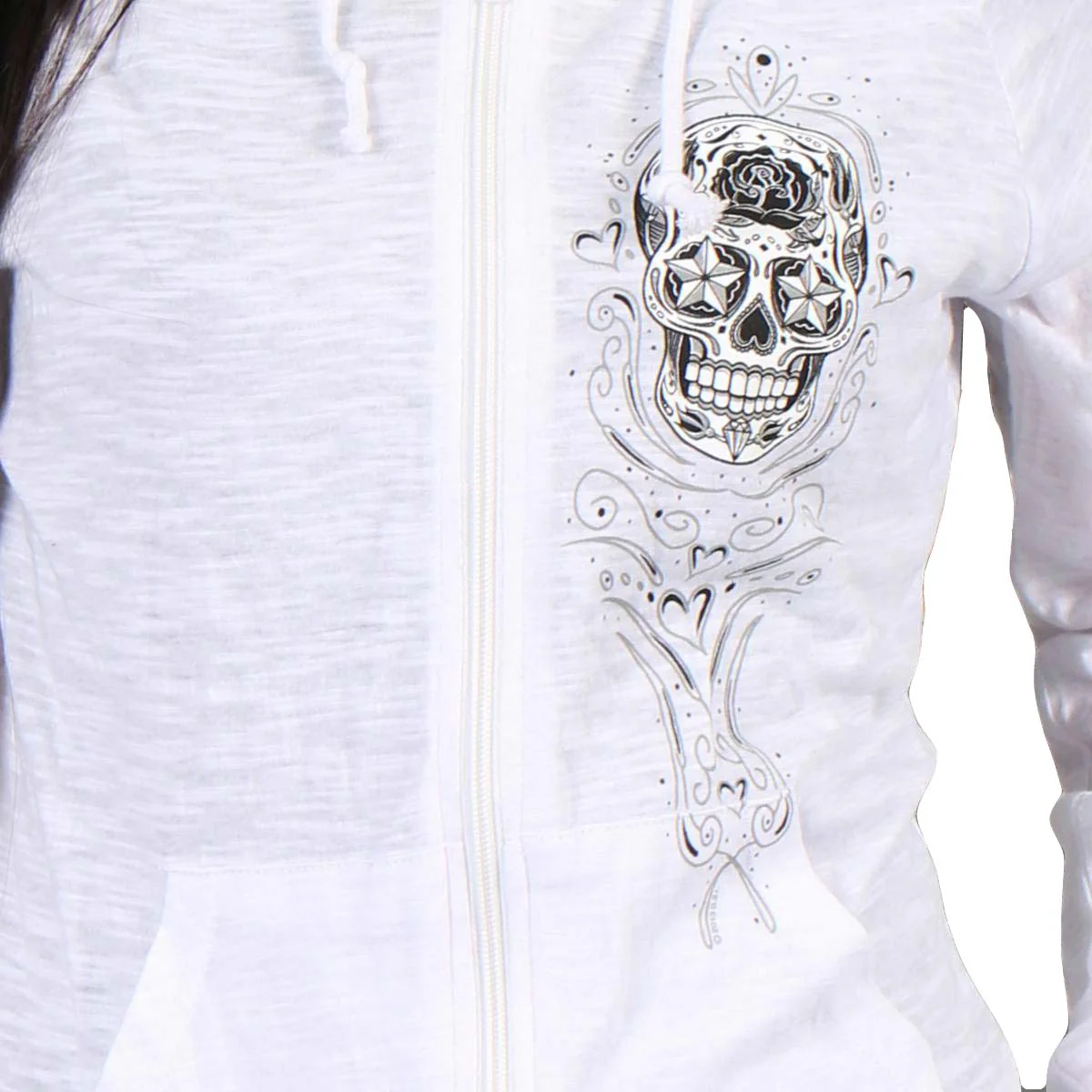 Hot Leathers GLZ4237 Ladies 'Sugar Skull' Lightweight Slubby Hooded White Hoodie - Image 4