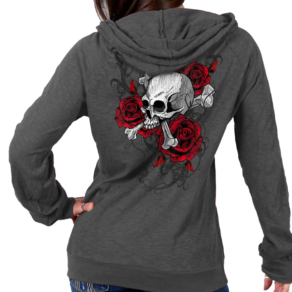 Hot Leathers GLZ4525 Ladies Skull Roses Dark Gray Hooded Sweatshirt - Image 2