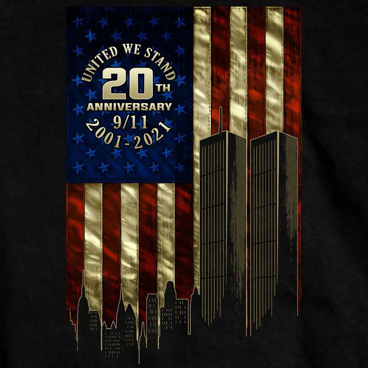 Hot Leathers GMS1494 Men's Black '9-11 Skyline and USA Flag' T-Shirt - Image 2