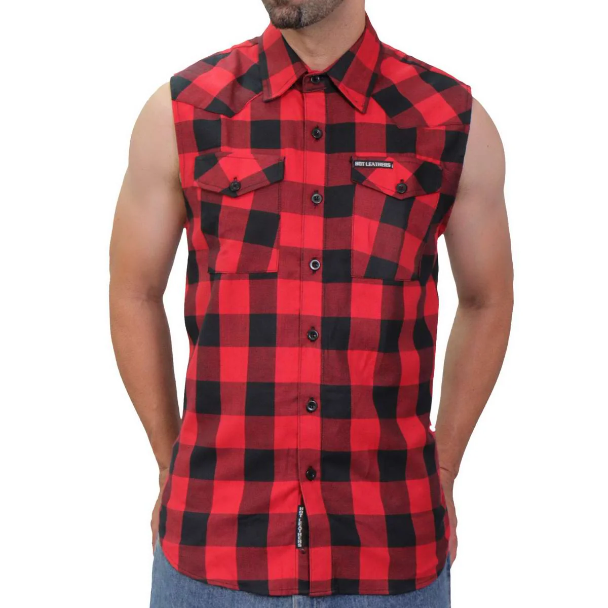 Hot Leathers GMS3491 Men’s Black and Red Patriot Skull Sleeveless Flannel Shirt - Image 2