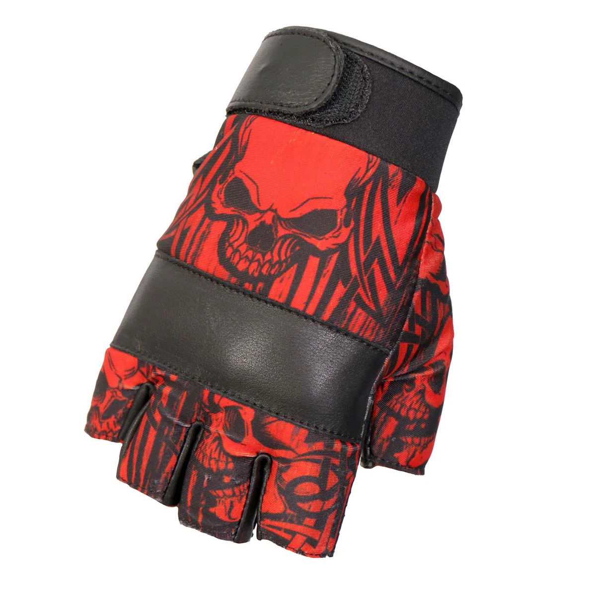 Hot Leathers GVM3010 Uni-Sex Black 'Red Skull' Fingerless Leather Gloves - Image 4