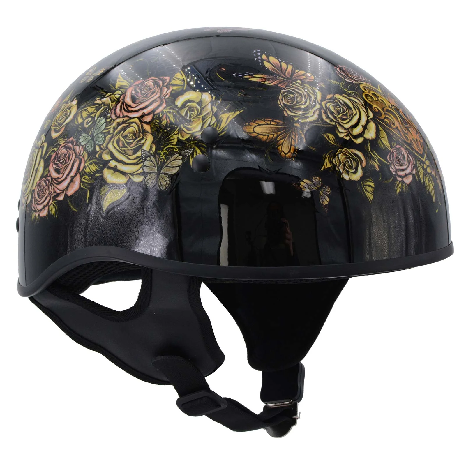 Hot Leathers HLD1034 Butterfly Lock Gloss Black Motorcycle DOT Approved Skull Cap Half Biker Helmet - Image 10