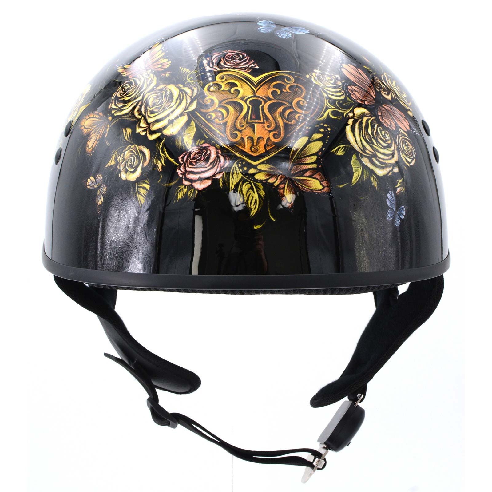 Hot Leathers HLD1034 Butterfly Lock Gloss Black Motorcycle DOT Approved Skull Cap Half Biker Helmet - Image 2