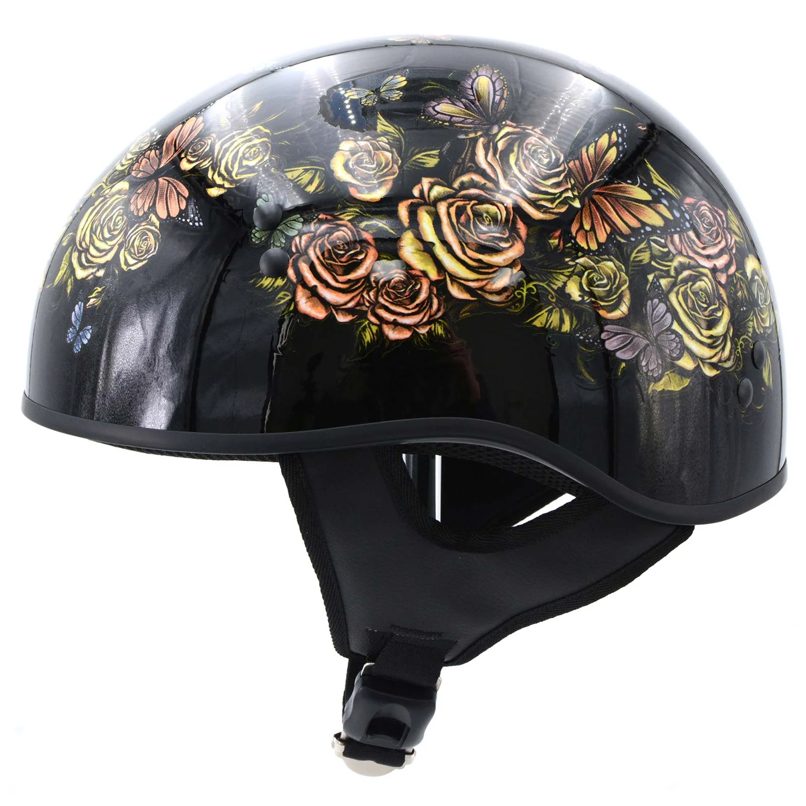Hot Leathers HLD1034 Butterfly Lock Gloss Black Motorcycle DOT Approved Skull Cap Half Biker Helmet - Image 5