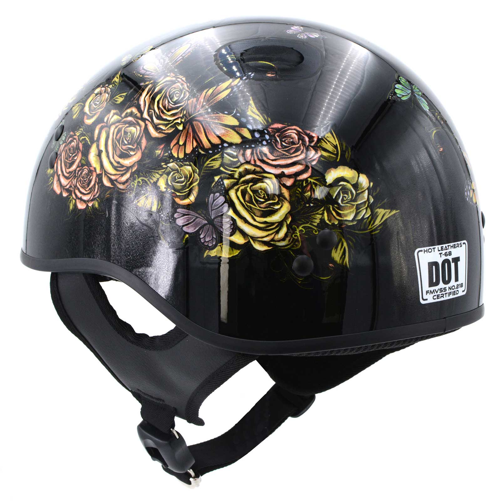 Hot Leathers HLD1034 Butterfly Lock Gloss Black Motorcycle DOT Approved Skull Cap Half Biker Helmet - Image 6