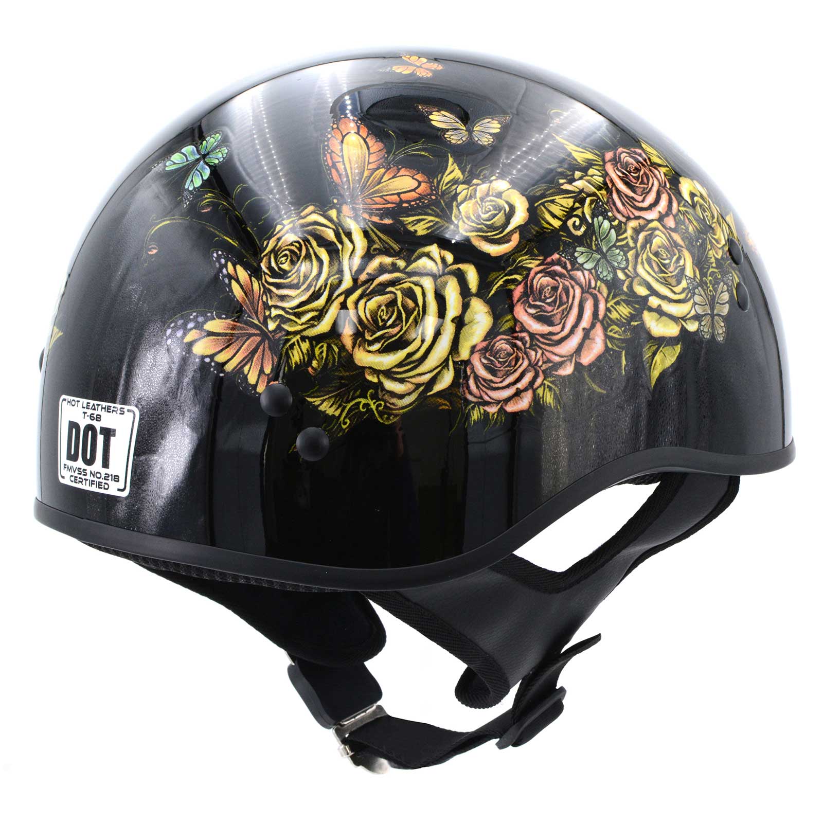 Hot Leathers HLD1034 Butterfly Lock Gloss Black Motorcycle DOT Approved Skull Cap Half Biker Helmet - Image 8