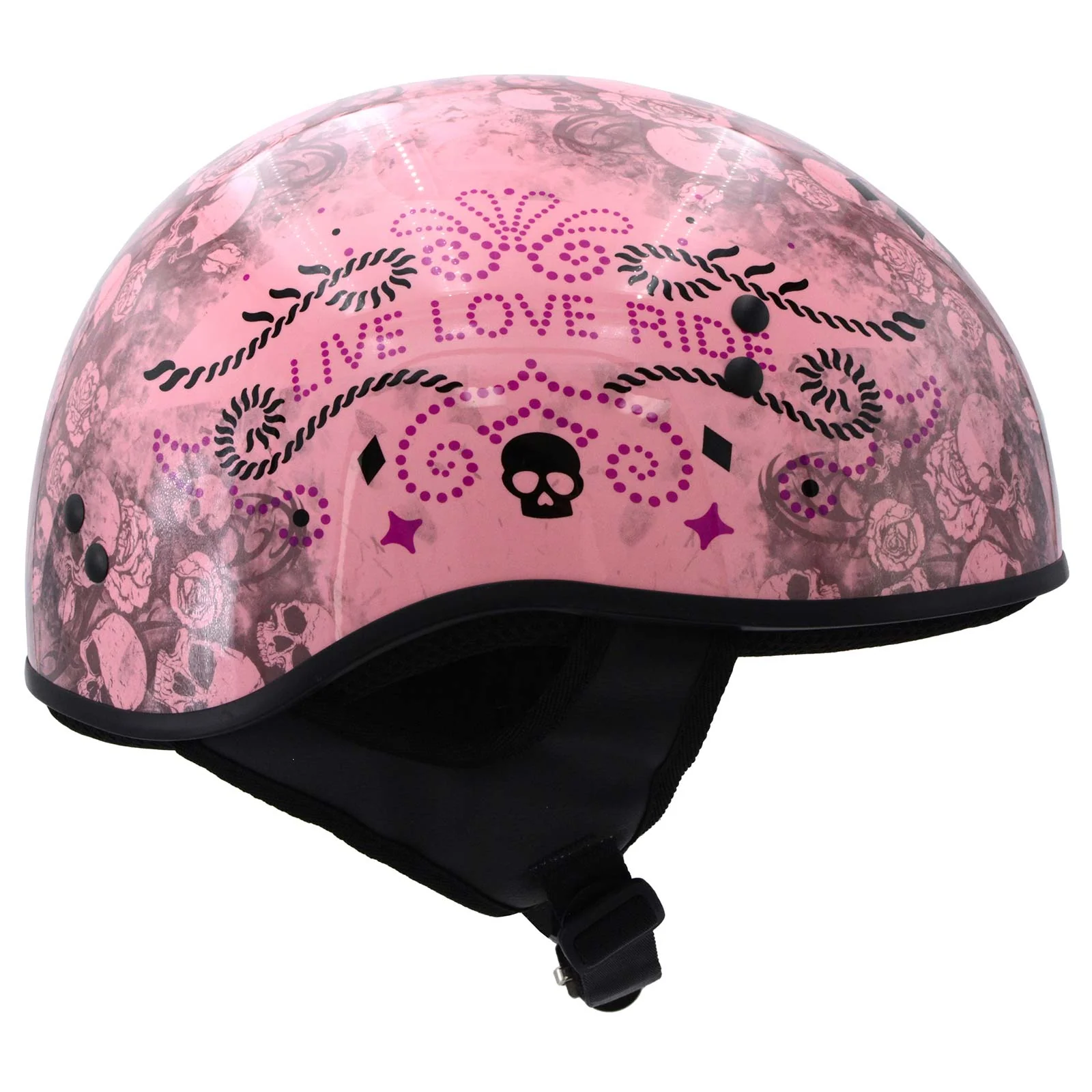 Hot Leathers HLD1048 Live, Love Ride Gloss Pink Motorcycle DOT Approved Skull Cap Half Biker Helmet - Image 9