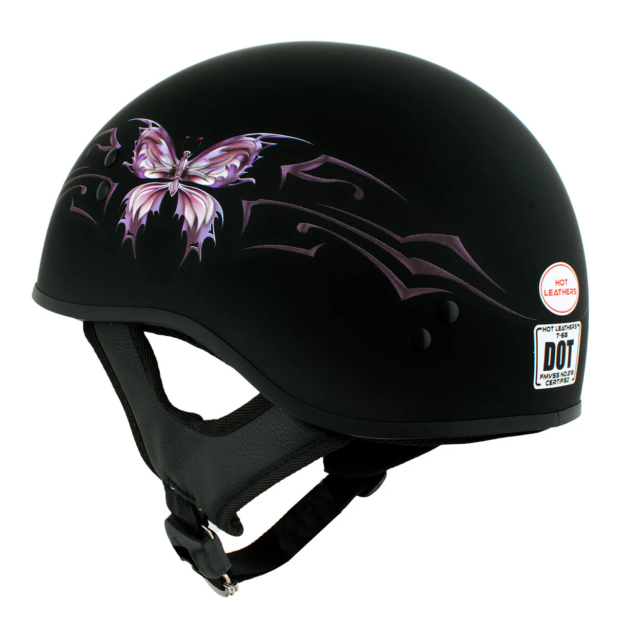 Hot Leathers HLD1052 DOT Skull Cap Half Helmet - Flat Black with Purple Butterfly Design Bikers - Image 4