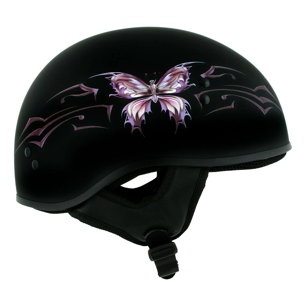 Hot Leathers HLD1052 DOT Skull Cap Half Helmet - Flat Black with Purple Butterfly Design Bikers - Image 6