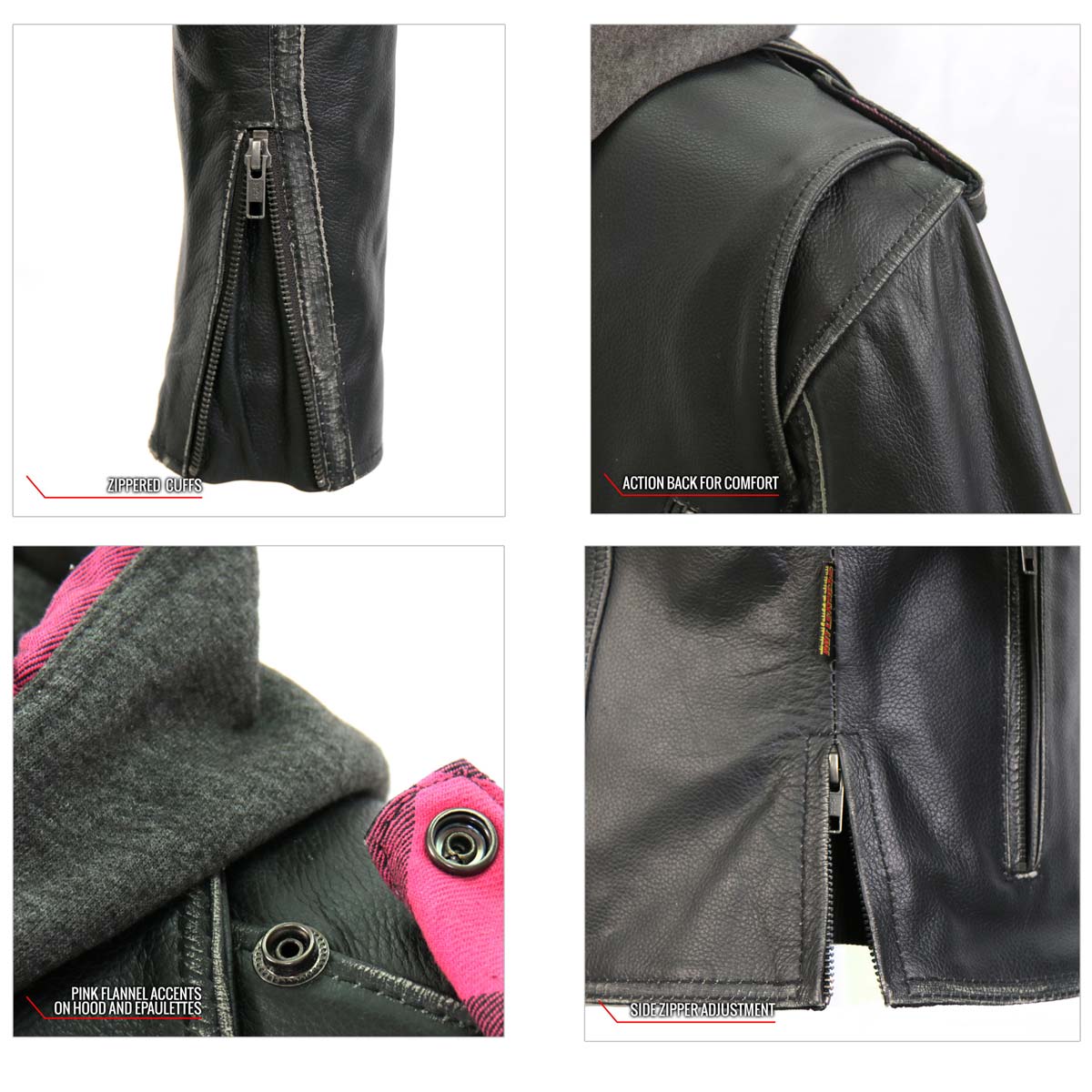 Hot Leathers JKL1033 Ladies Black Leather Jacket with Removable Hoodie - Image 7