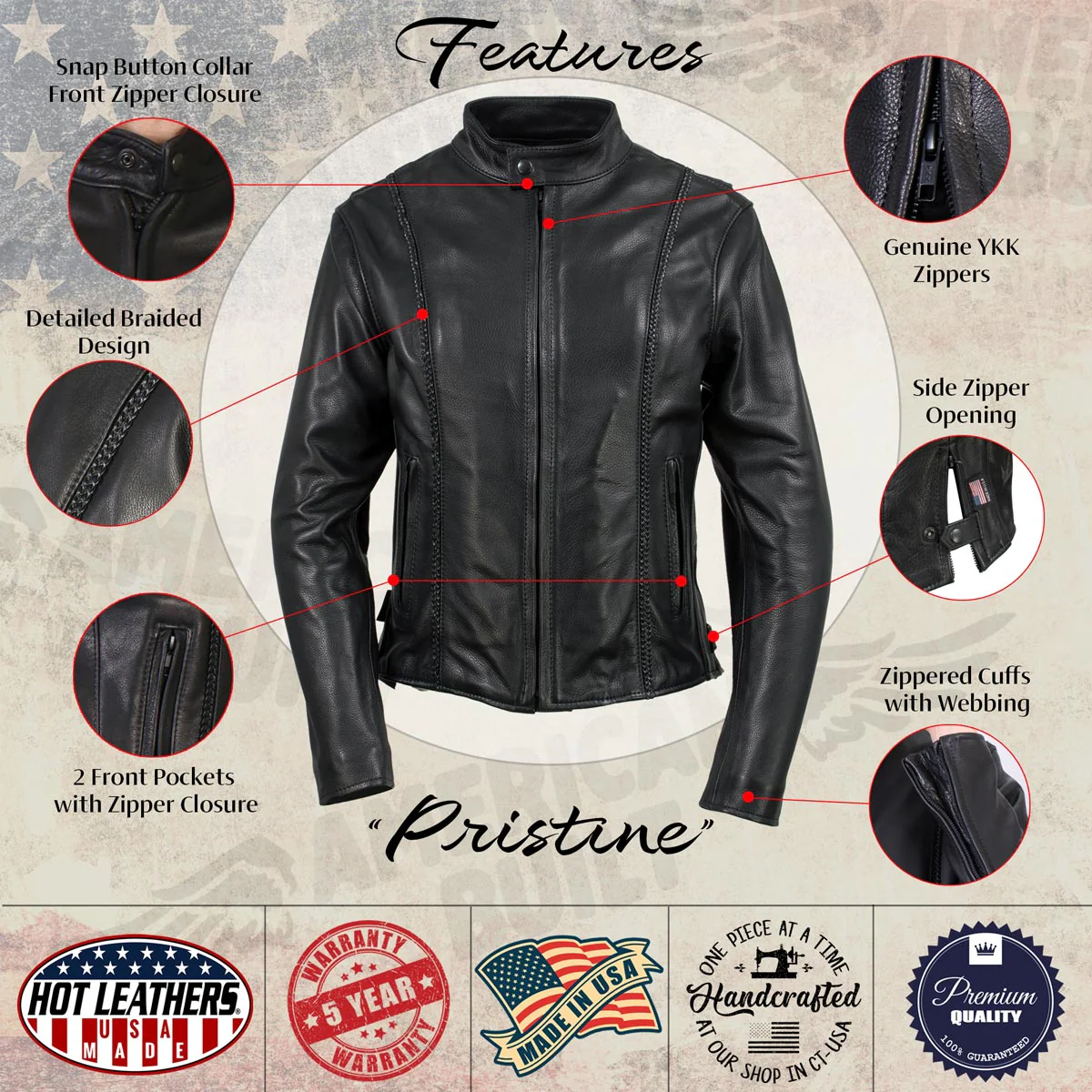 Hot Leathers JKL5002 USA Made Women's 'Pristine' Black Premium Motorcycle Leather Jacket - Image 2