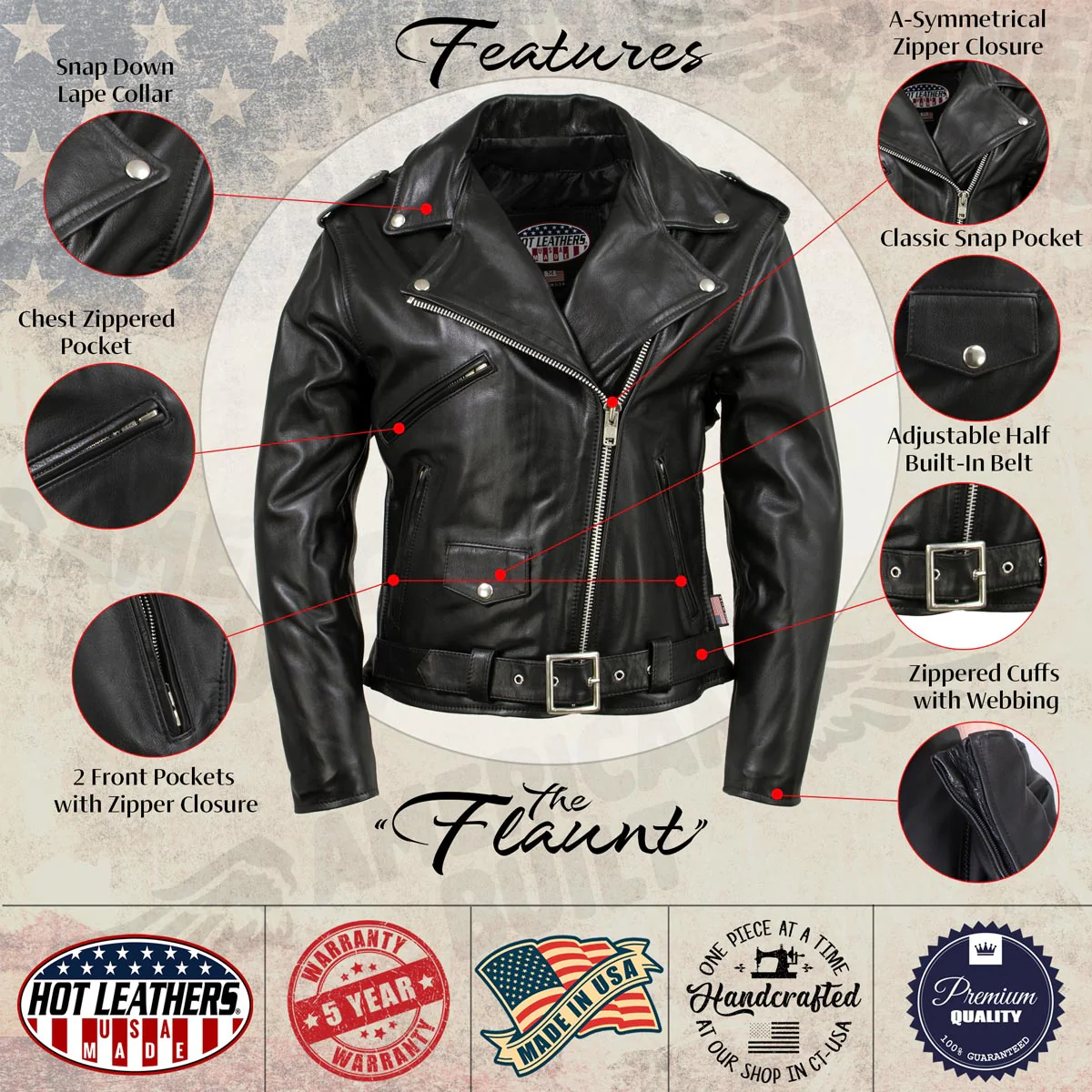 Hot Leathers JKL5004 USA Made Womens 'The Flaunt' Premium Black Classic Motorcycle Style Leather Jacket - Image 2
