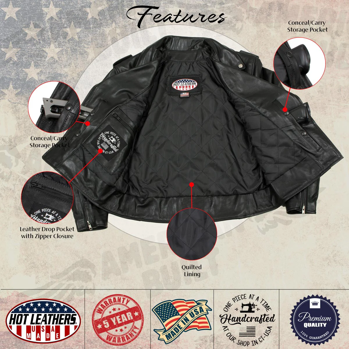 Hot Leathers JKL5004 USA Made Womens 'The Flaunt' Premium Black Classic Motorcycle Style Leather Jacket - Image 4