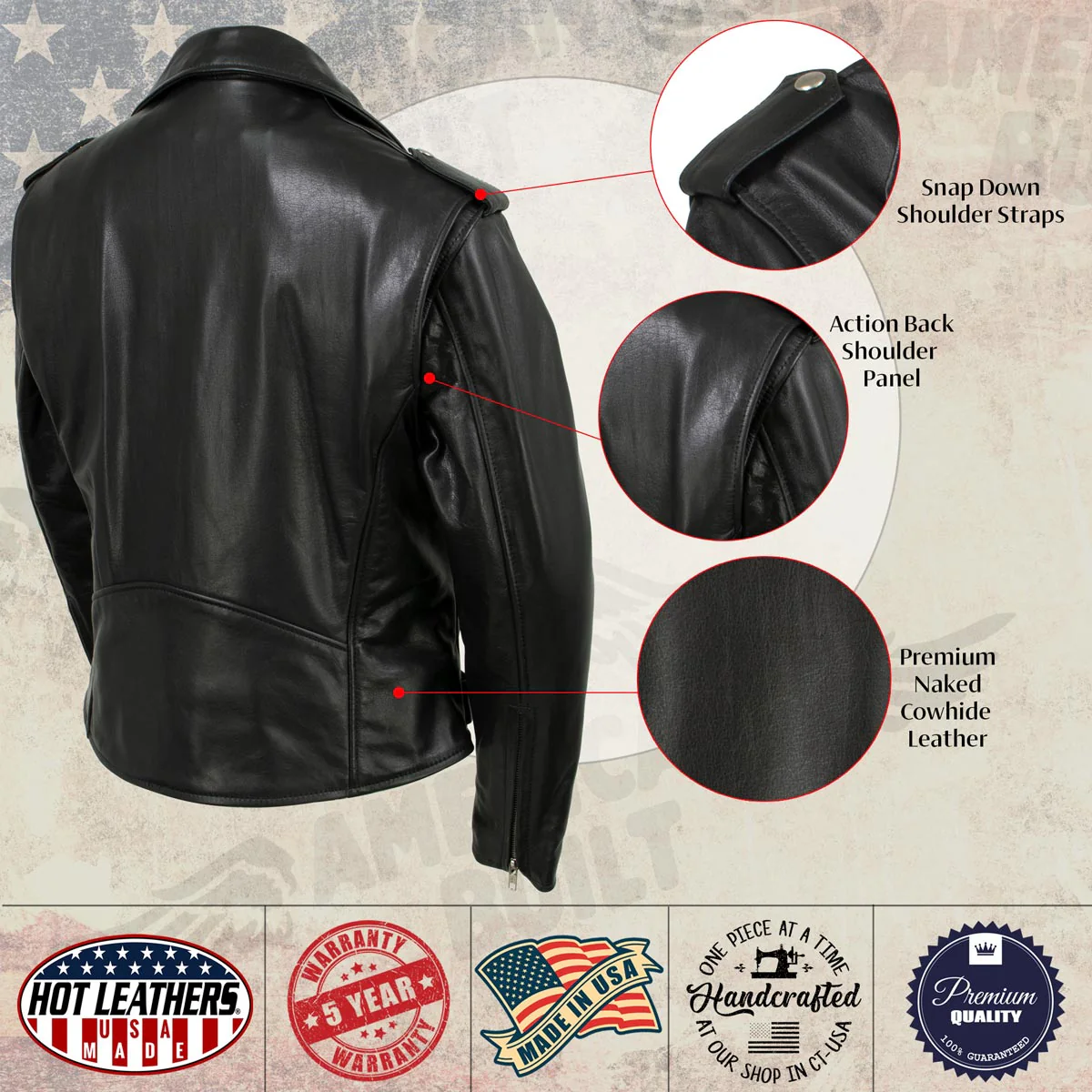 Hot Leathers JKL5004 USA Made Womens 'The Flaunt' Premium Black Classic Motorcycle Style Leather Jacket - Image 5