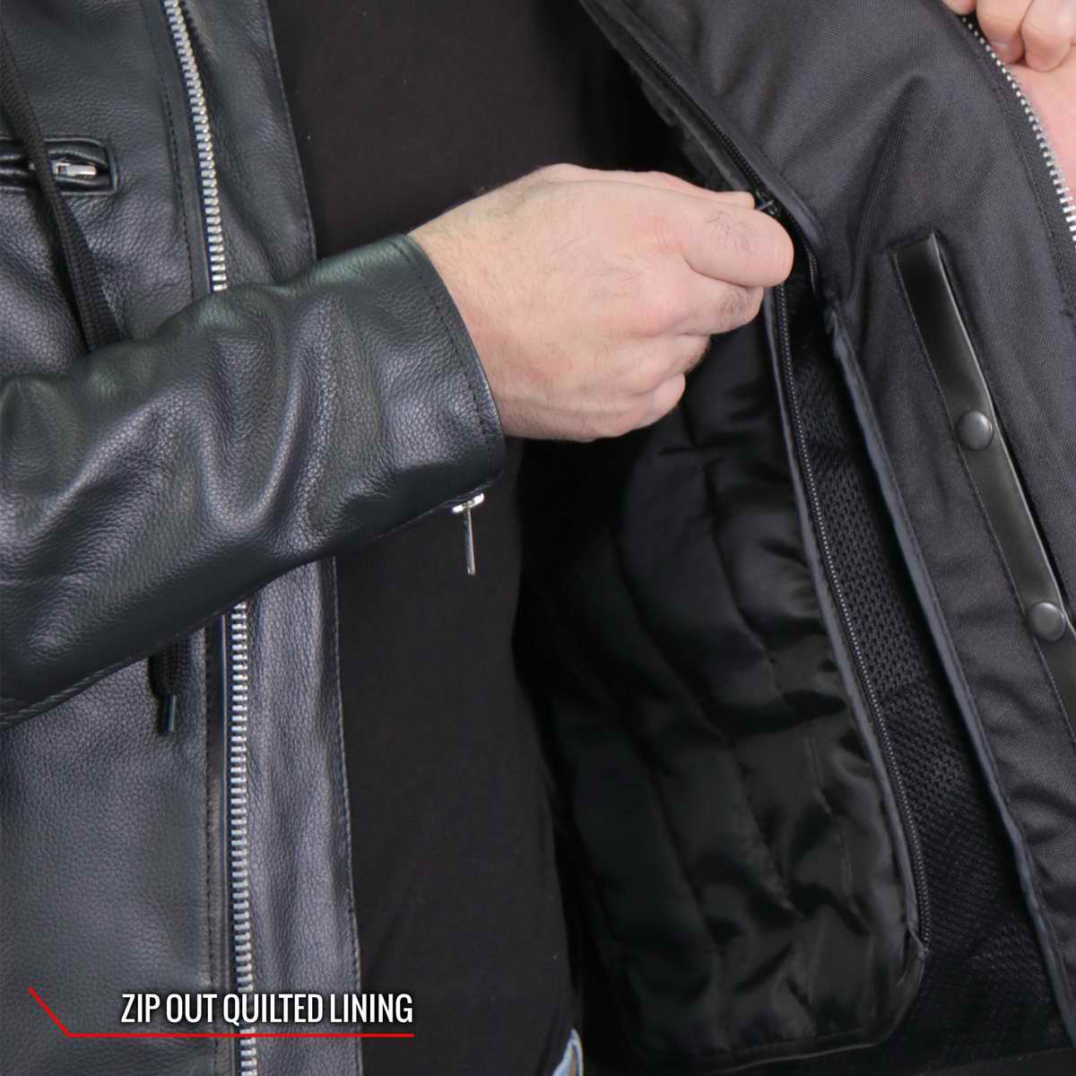 Hot Leathers JKM1030 Men’s Black ‘Carry and Conceal’ Leather Jacket with Flannel Lined Hood - Image 8