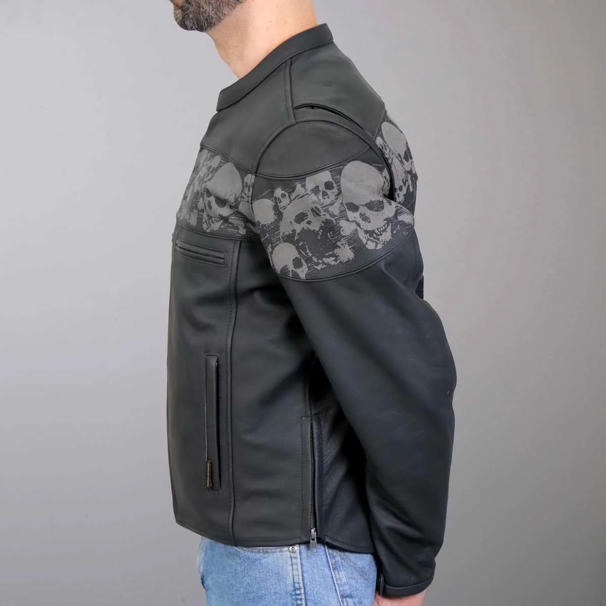 Hot Leathers JKM2002 Men’s Black ‘Reflective Skull' Printed Leather Jacket with Concealed Carry Pockets - Image 3