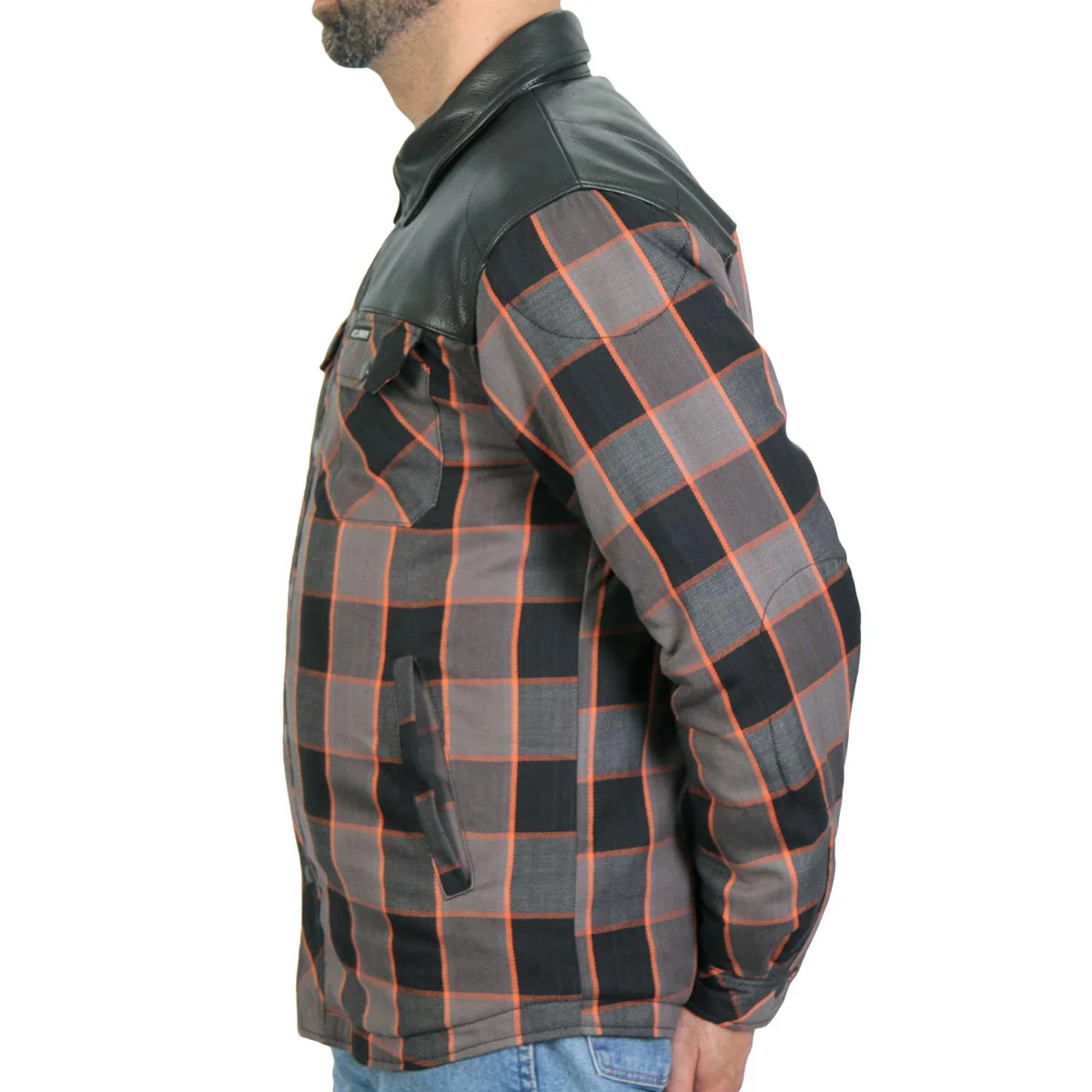 Hot Leathers JKM3202 Men's Grey Black and Orange Aramid Fibers Reinforced Leather and Plaid Flannel Shirt - Image 12