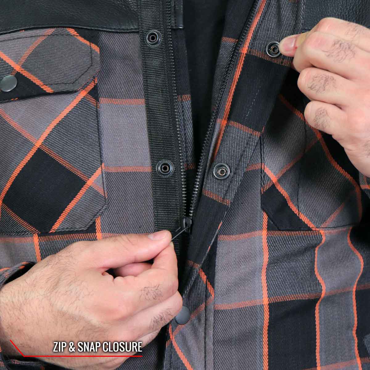Hot Leathers JKM3202 Men's Grey Black and Orange Aramid Fibers Reinforced Leather and Plaid Flannel Shirt - Image 8