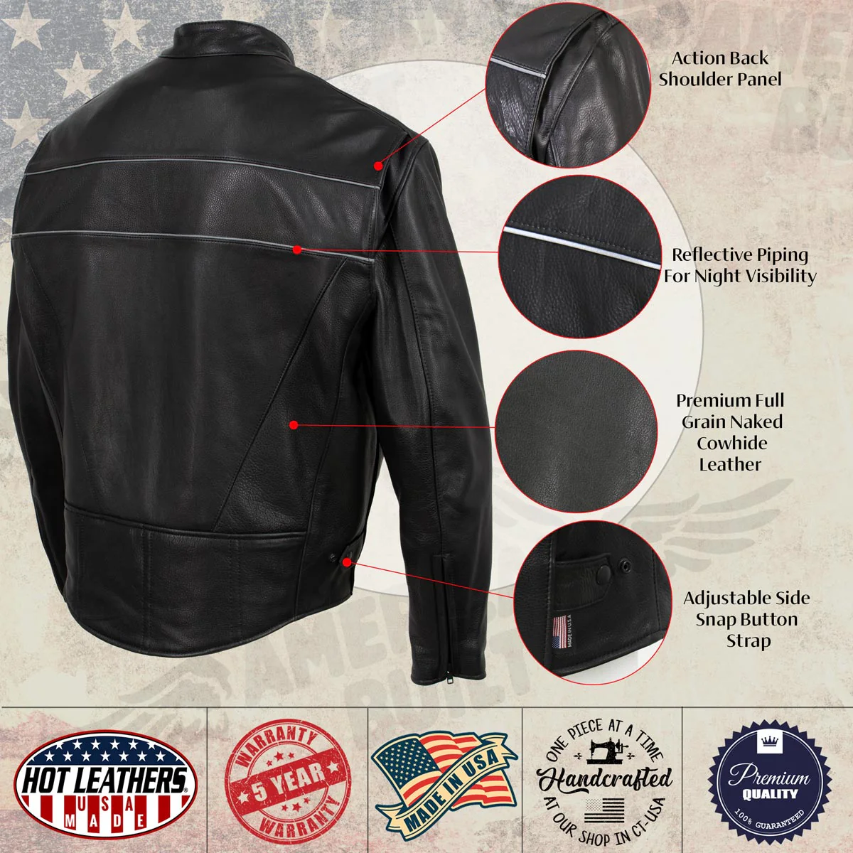 Hot Leathers JKM5003 USA Made Men's 'Echo' Premium Black Leather Motorcycle Jacket with Reflective Piping - Image 5