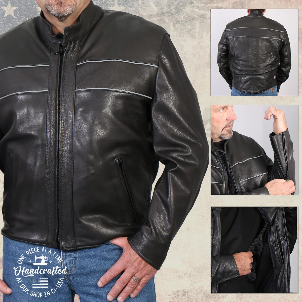 Hot Leathers JKM5003 USA Made Men's 'Echo' Premium Black Leather Motorcycle Jacket with Reflective Piping - Image 6