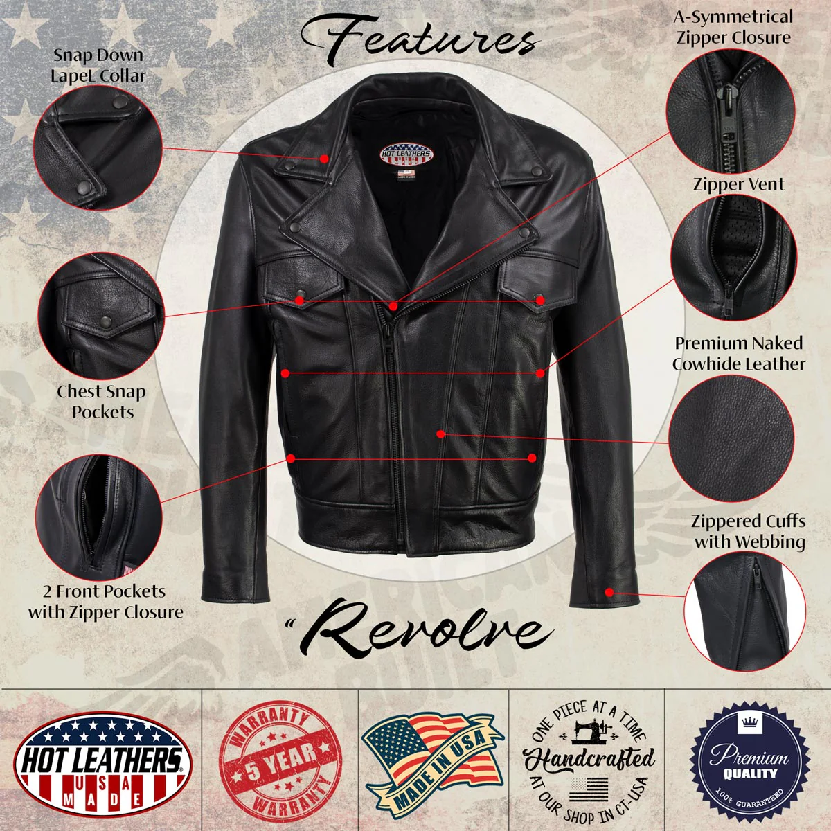 Hot Leathers JKM5008 USA Made Men's 'Revolve' Black Premium Leather Vented Motorcycle Jacket - Image 2