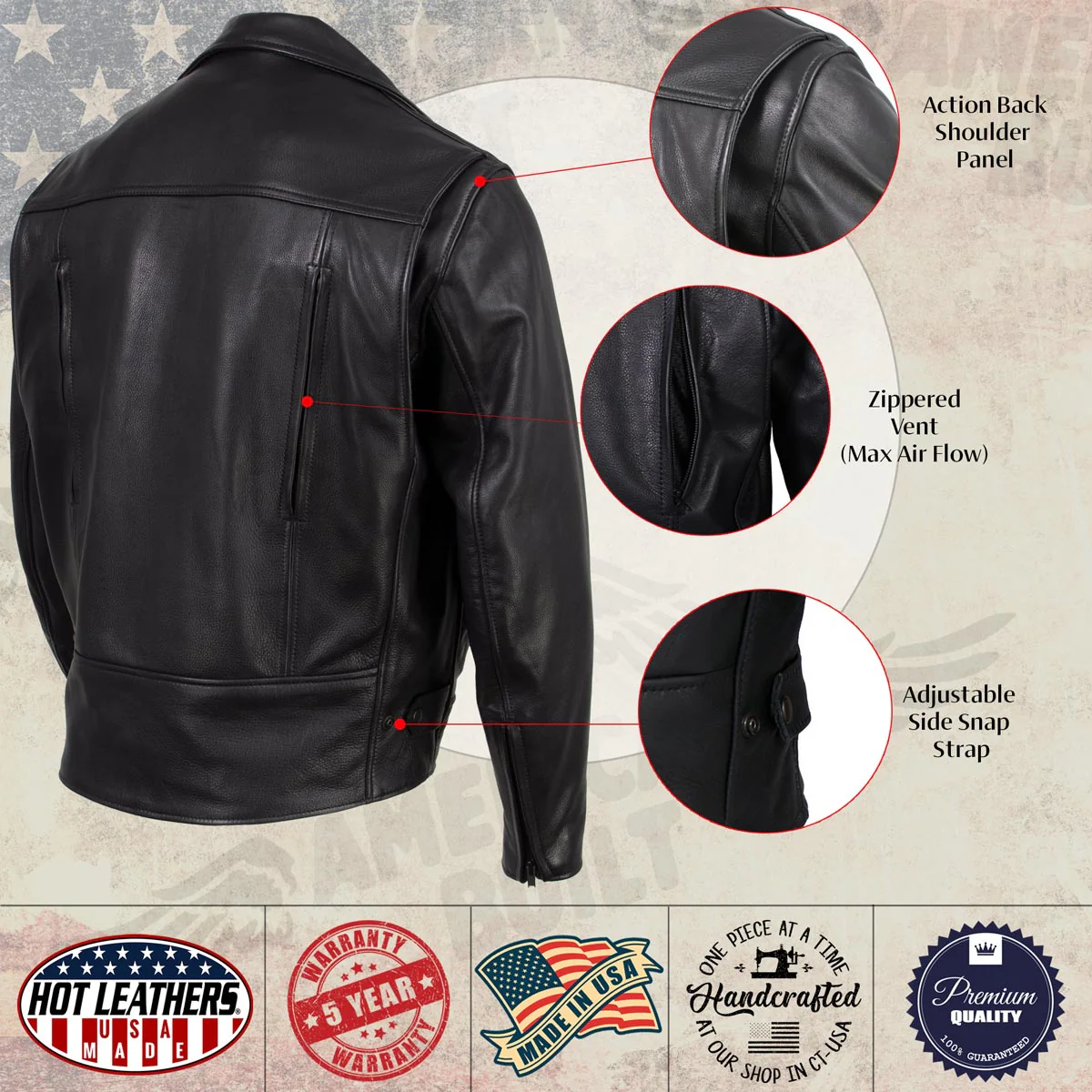 Hot Leathers JKM5008 USA Made Men's 'Revolve' Black Premium Leather Vented Motorcycle Jacket - Image 4