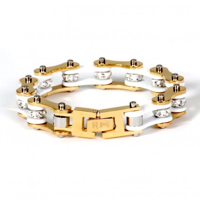 Hot Leathers JWB3109 White and Gold Motorcycle Chain Stainless Steel Bracelets - Image 2