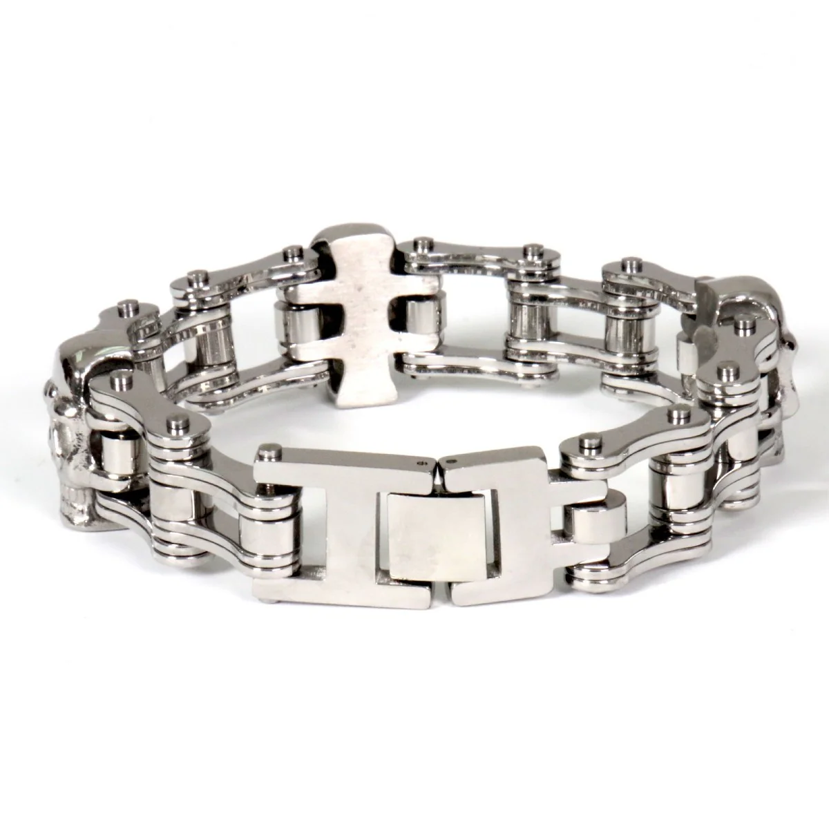 Hot Leathers JWB4109 Double Wide Silver Motorcycle Chain Skull Bracelet - Image 2