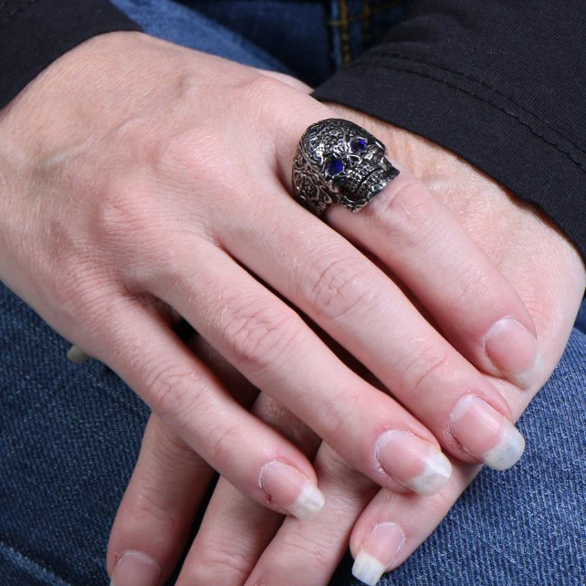 Hot Leathers JWR1110 Blue Eye Pattern Skull Stainless Steel Ring - Image 2