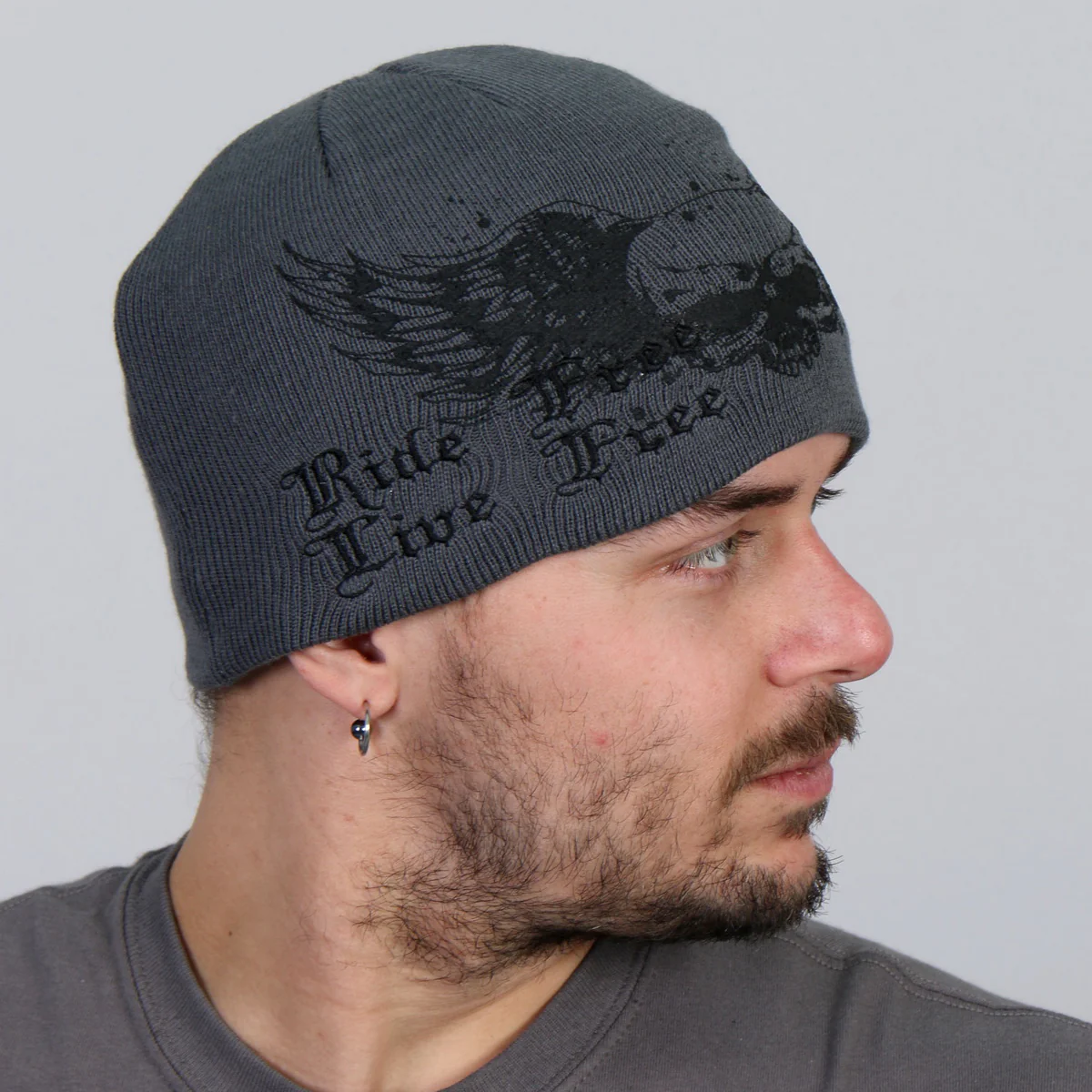 Hot Leathers KHB1000 Skull with Wings Grey Knit Cap - Image 5