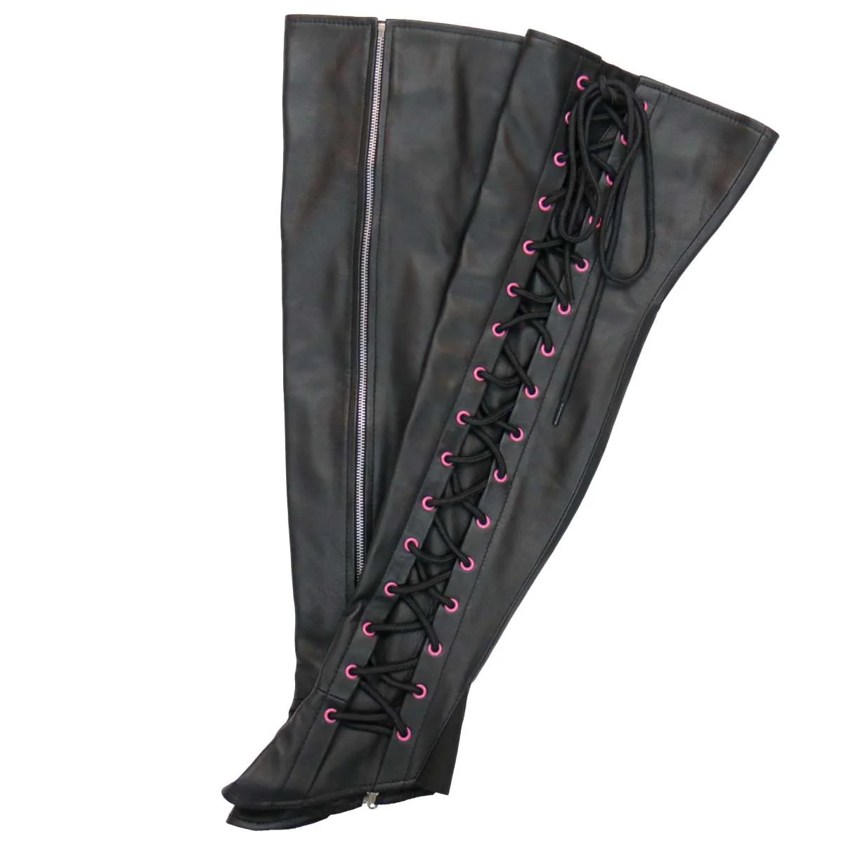 Hot Leathers LCU1005 Ladies Black Lambskin Leather Leggings with Pink Side Lace - Image 4