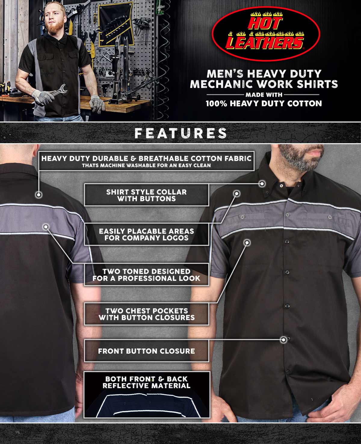 Hot Leathers GMM1006 Men's 2 Tone Stripe Black and Gray Button Up Heavy-Duty Work Shirt for | Classic Mechanic Work Shirt - Image 2