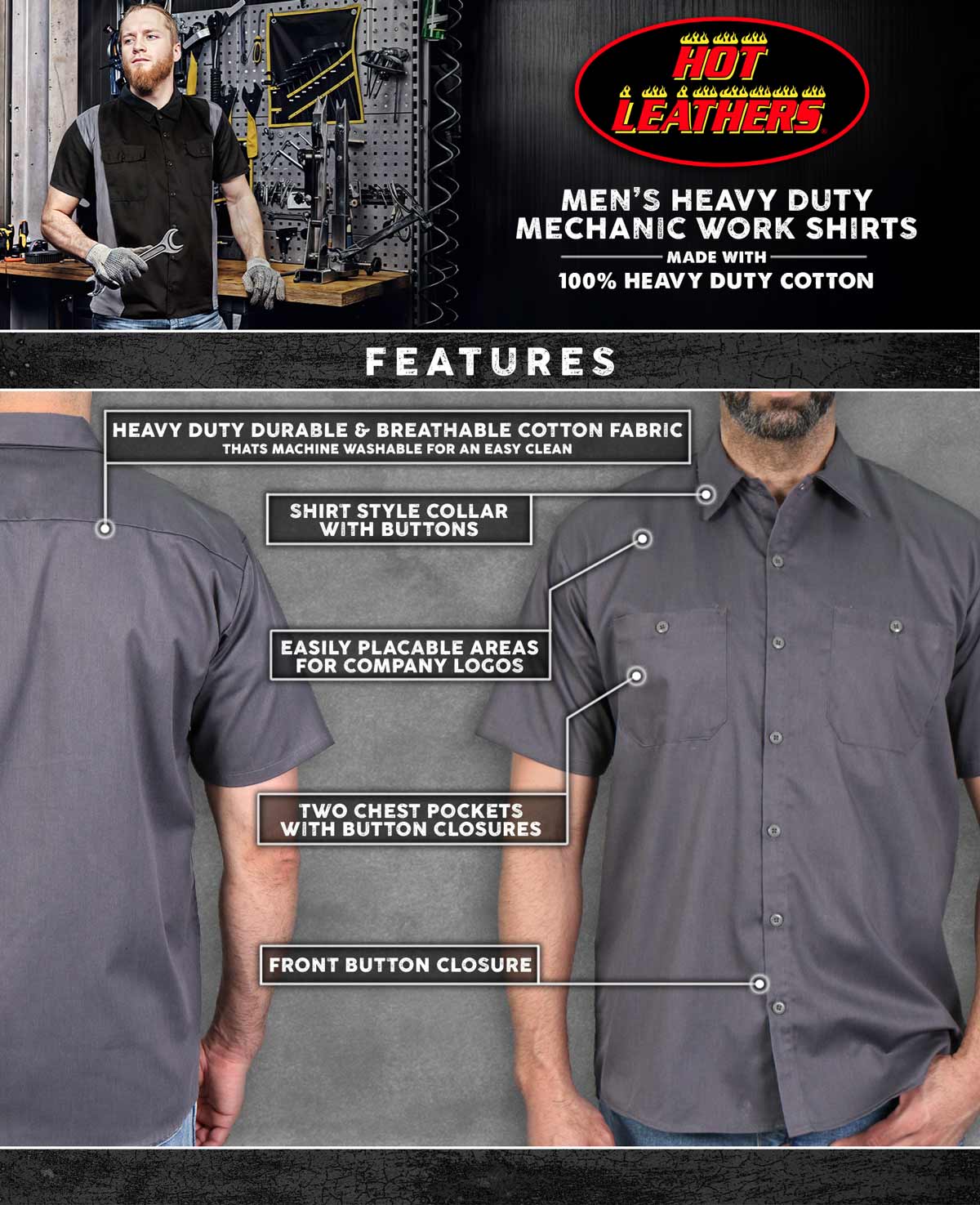 Hot Leathers GMM1010 Men's Mechanic Charcoal Button Up Heavy-Duty Work Shirt for | Classic Mechanic Work Shirt - Image 2